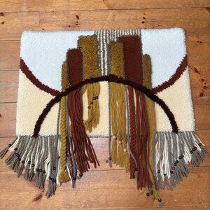 Vintage 70s Junghans Wolle Wall Hanging High Pile Wool Tapestry Fringe & Beads